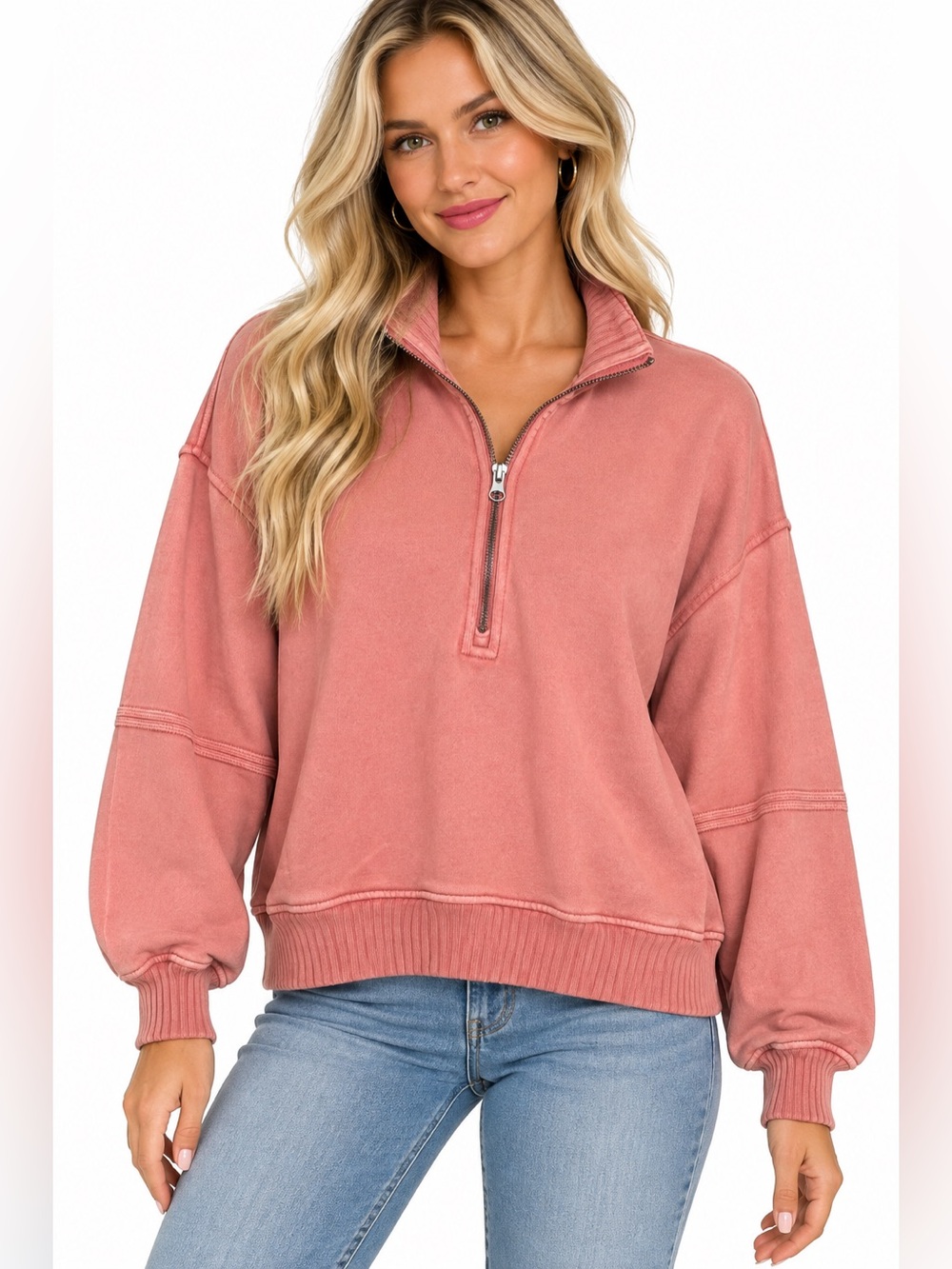 Aerie Washed Rose Half-Zip Pullover Sweatshirt - Women's Size XS Oversized